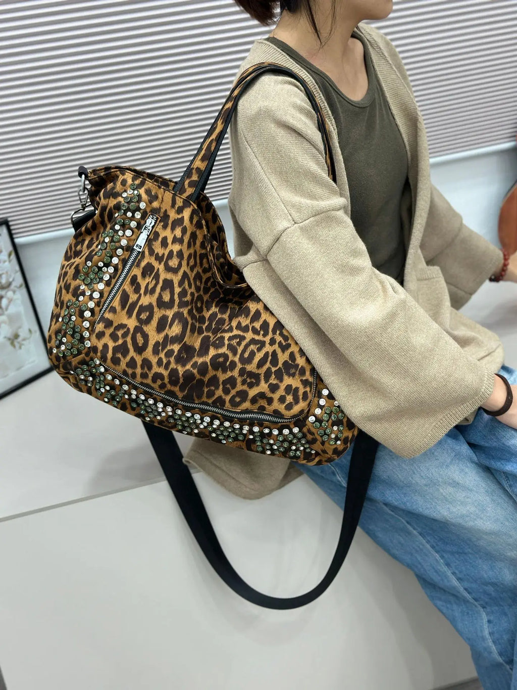 Studded Leopard-Print Tote Bag