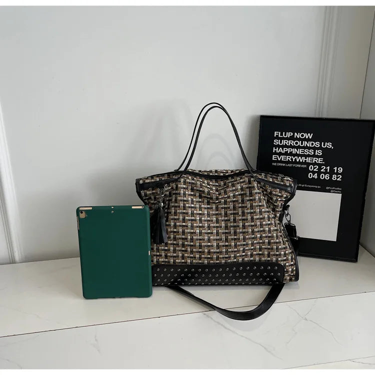 Studded Woven Tote Bag