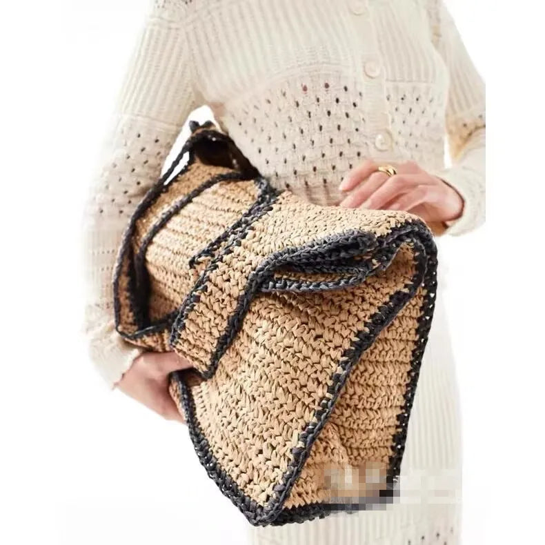 Contrast-Trim Woven Tote Bag