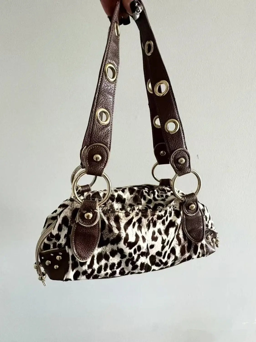 Leopard-Print Grommet Shoulder Bag