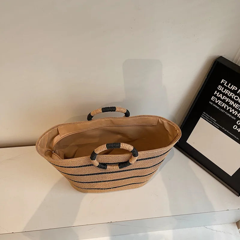 Striped Ring-Handle Basket Bag