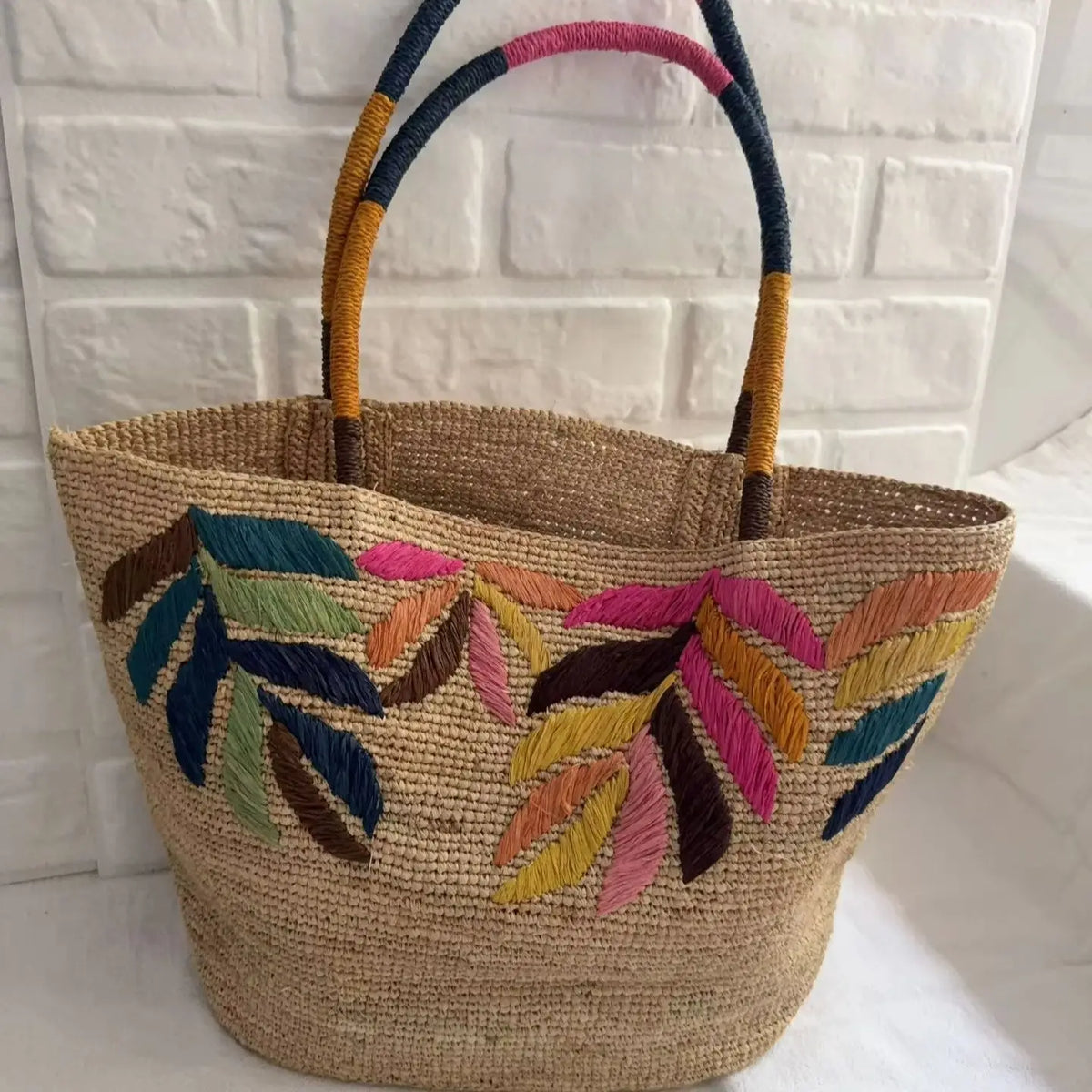 Leaf Embroidered Woven Tote