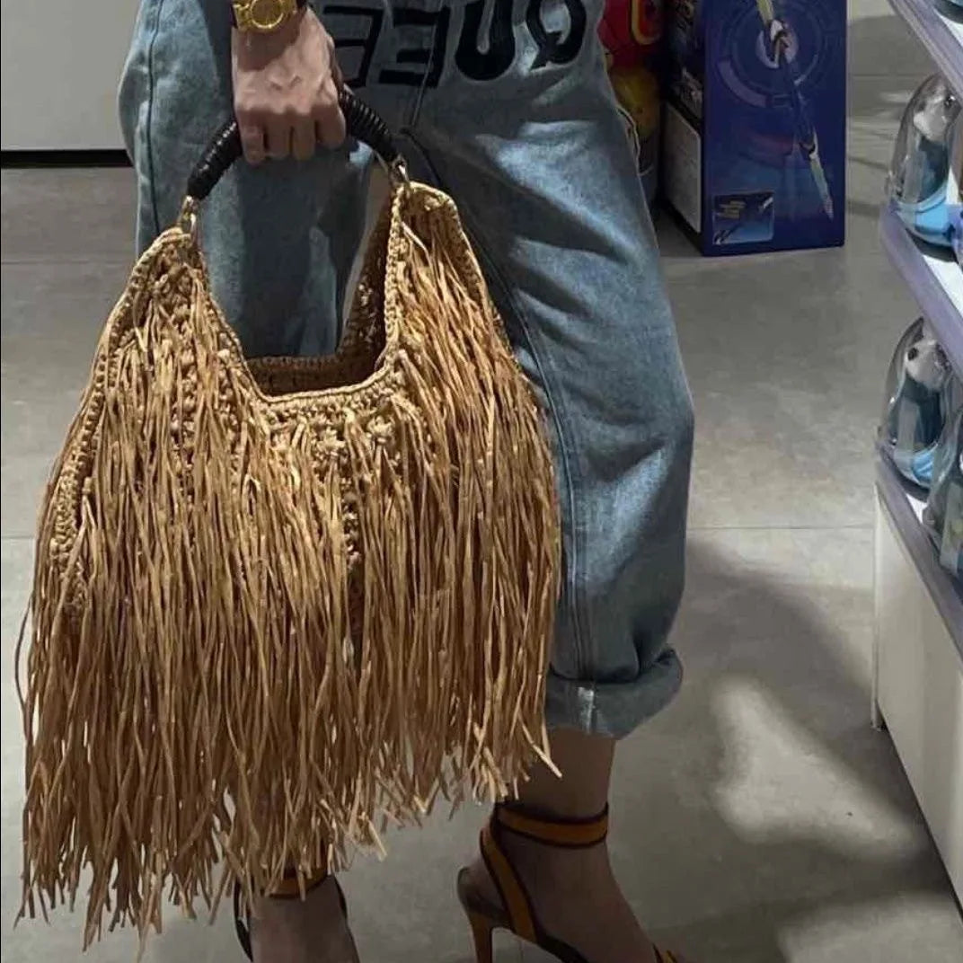 Fringed Woven Shoulder Bag