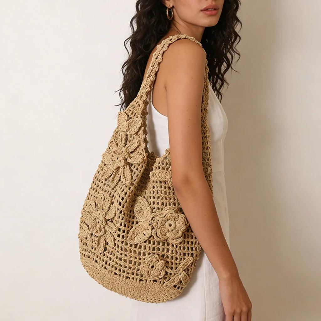 Floral Openwork Woven Tote