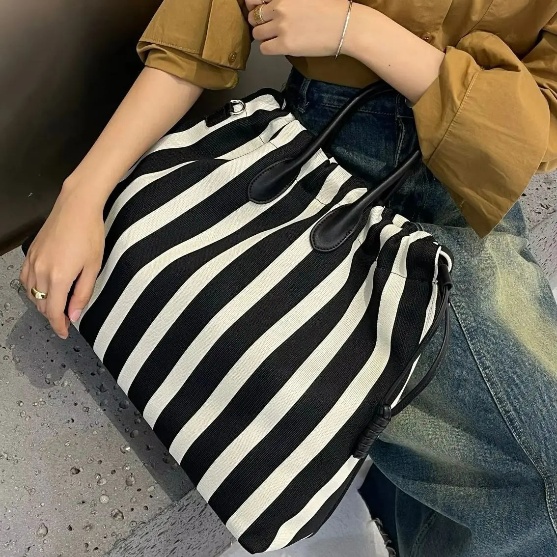 Striped Drawstring Tote Bag