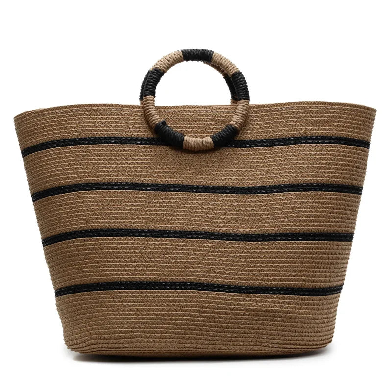 Striped Ring-Handle Basket Bag