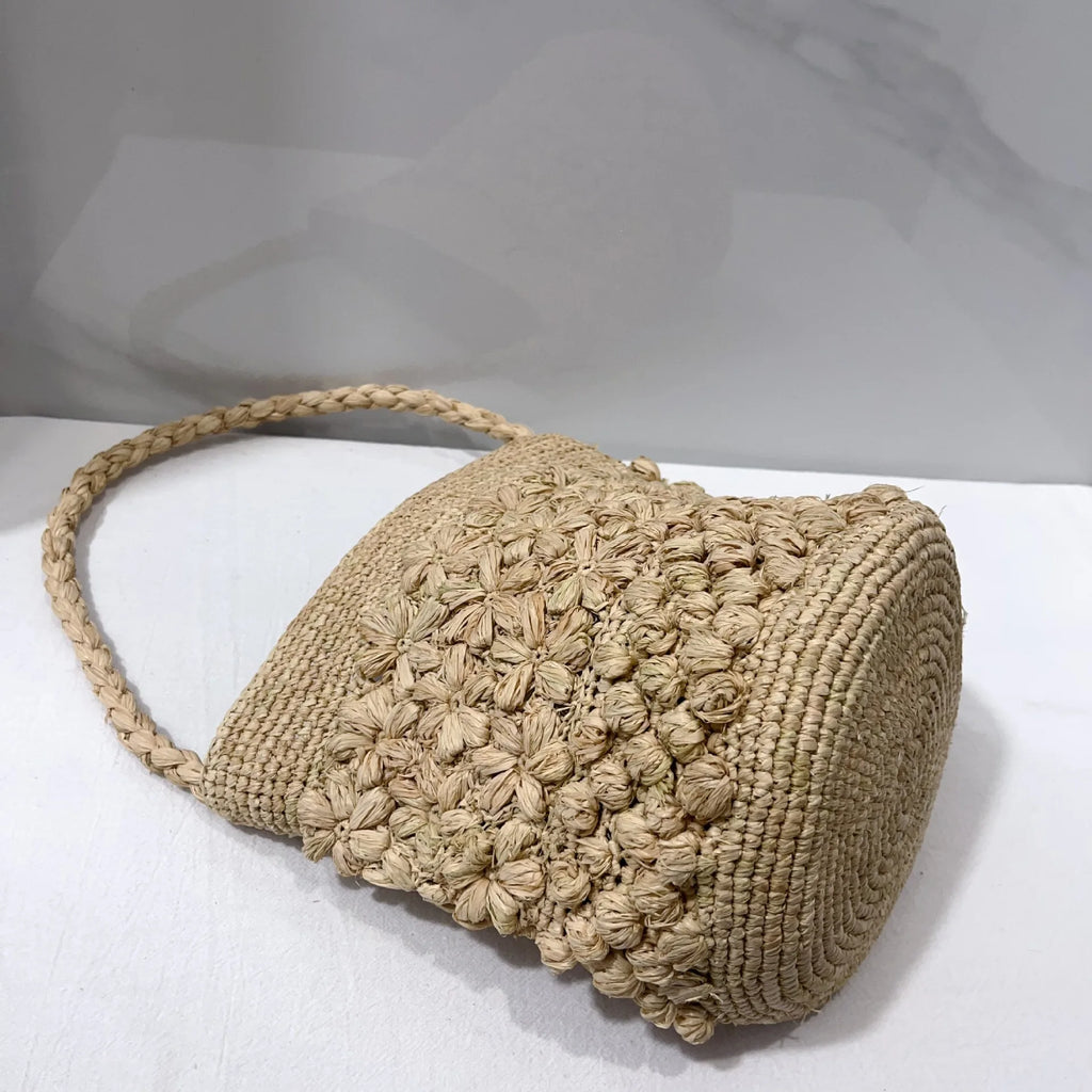 Floral-Textured Woven Bucket Bag