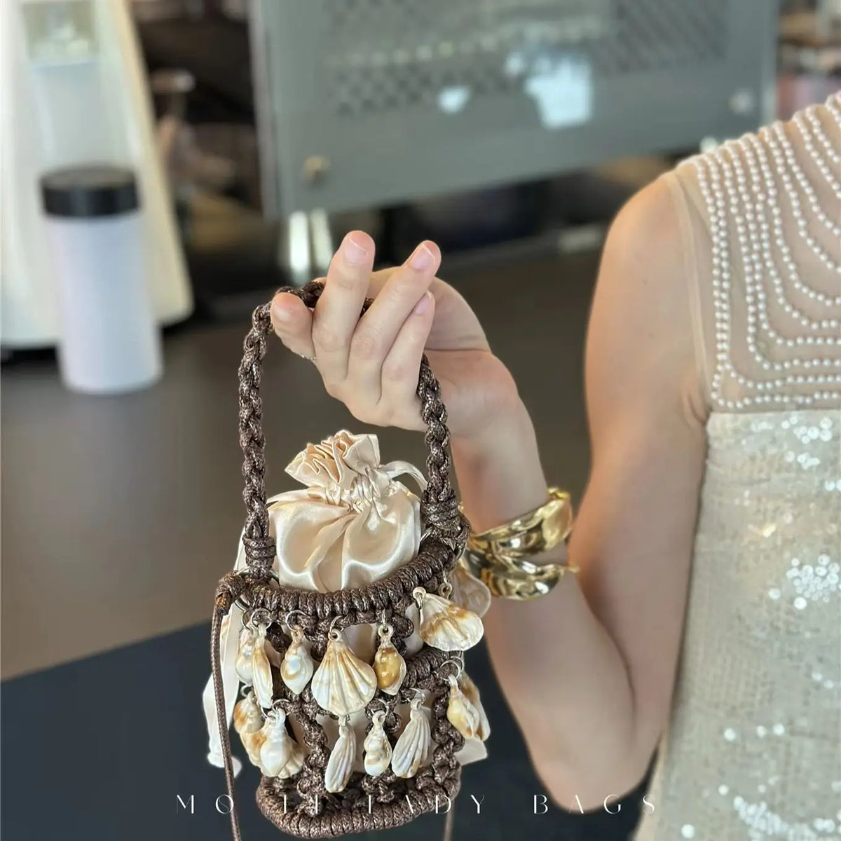 Beaded Woven Bucket Bag