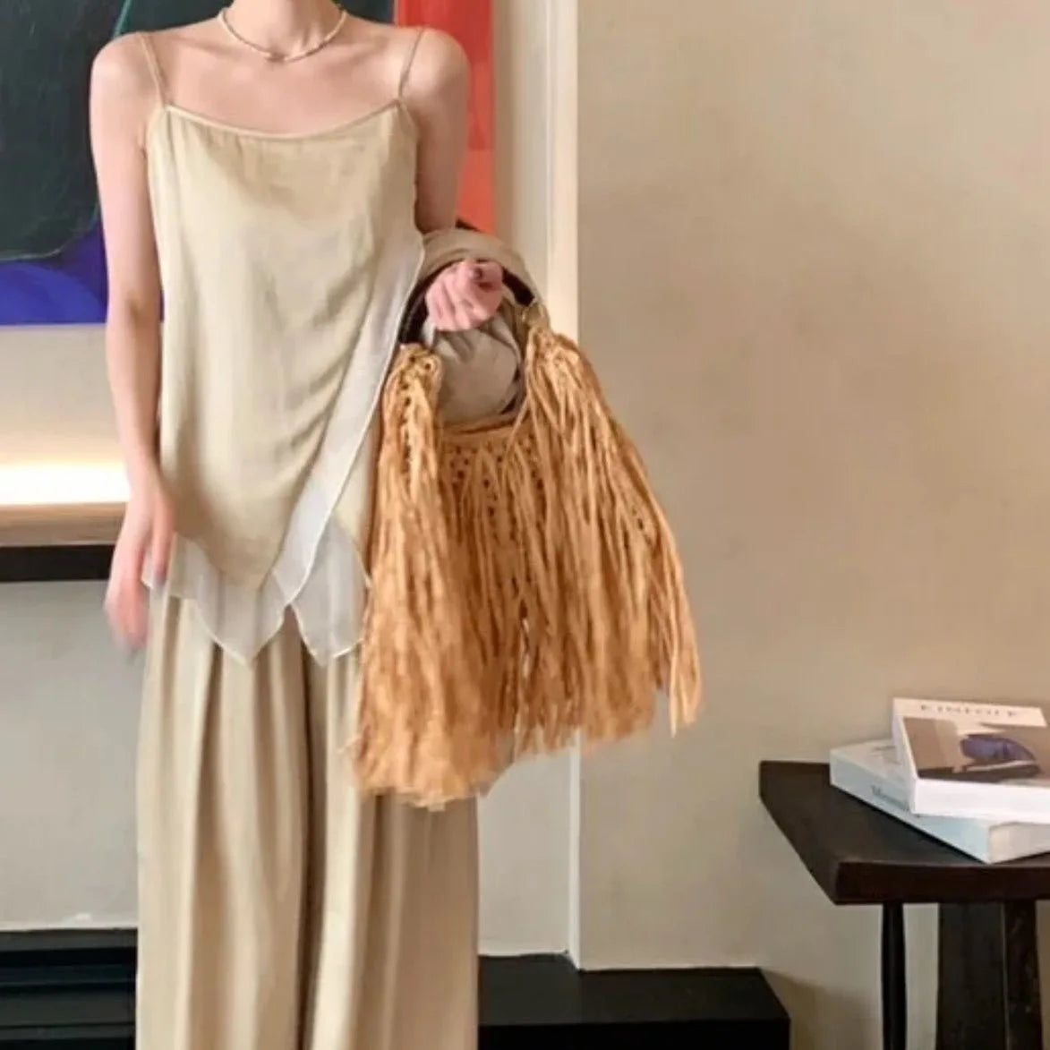 Fringed Woven Shoulder Bag