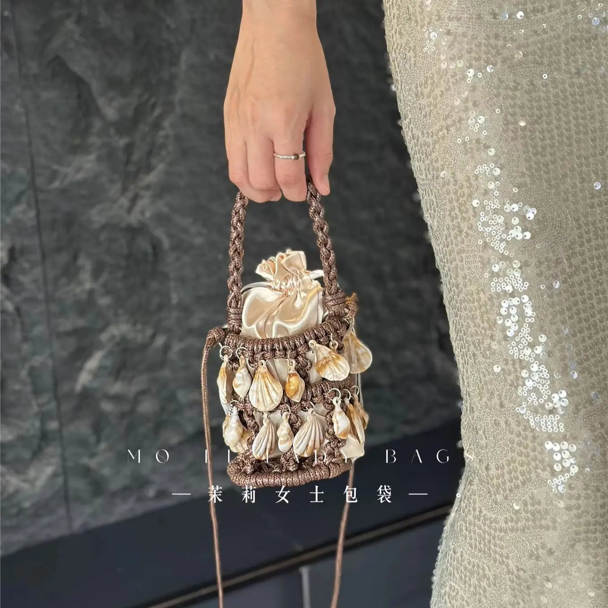 Beaded Woven Bucket Bag