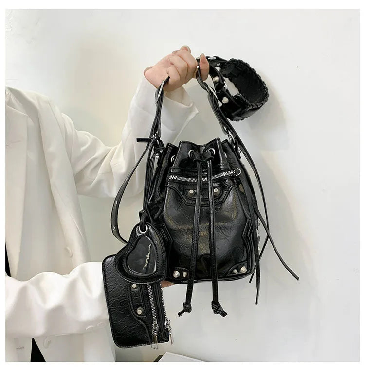 Studded Drawstring Bucket Bag