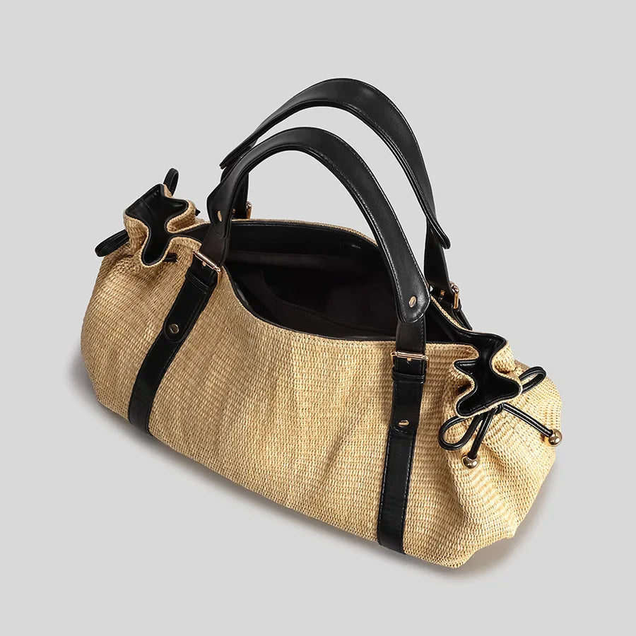 Contrast-Strap Woven Shoulder Bag