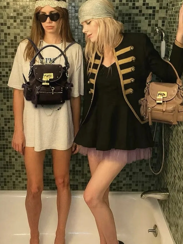 Studded Lock-Detail Top-Handle Bag