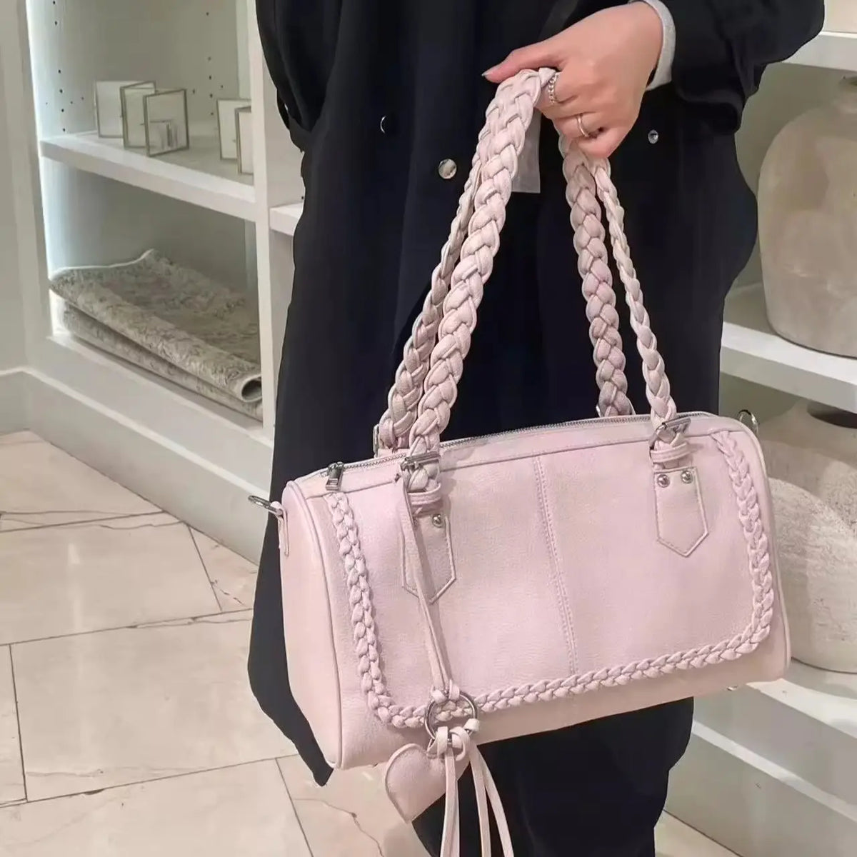 Braided-Handle Bowling Shoulder Bag