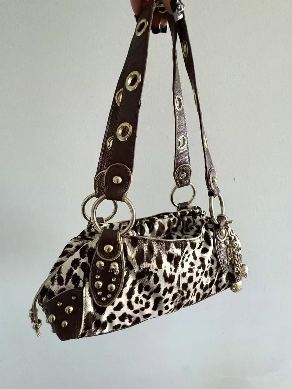 Leopard-Print Grommet Shoulder Bag