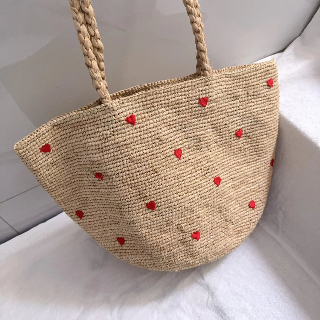Heart-Pattern Woven Tote Bag