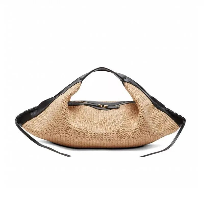 Contrast-Trim Woven Hobo Bag