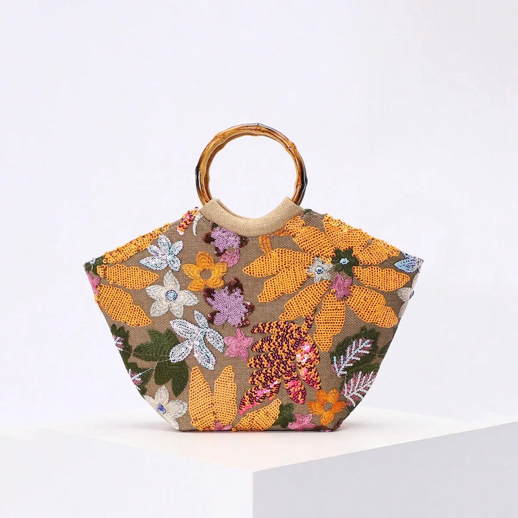 Floral Sequin Round-Handle Tote