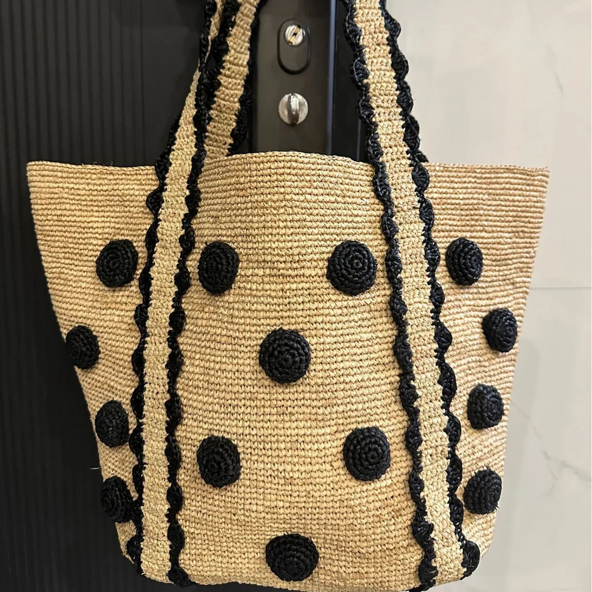 Dot-Detail Woven Tote Bag