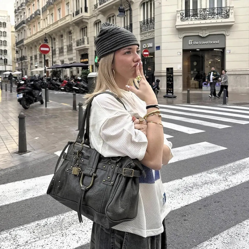 Buckled Studded Shoulder Bag