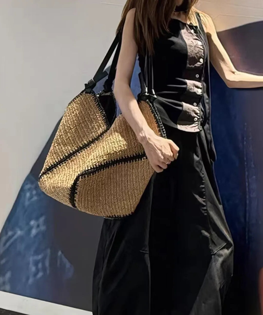 Contrast-Trim Woven Shoulder Bag