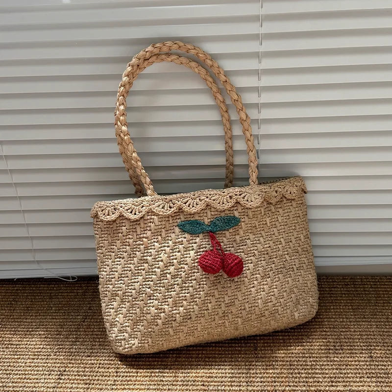 Cherry Applique Woven Tote