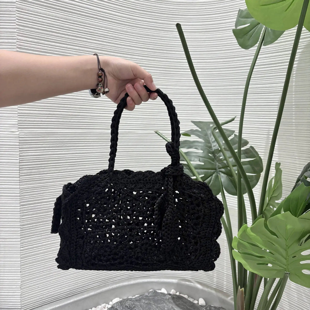 Chunky-Woven Scalloped Top-Handle Bag