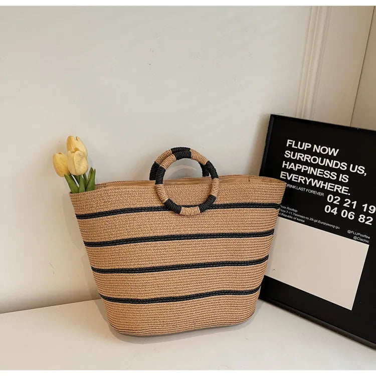 Striped Ring-Handle Basket Bag