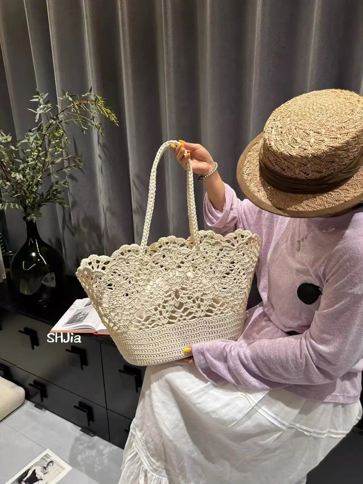 Floral Open-Weave Shoulder Bag
