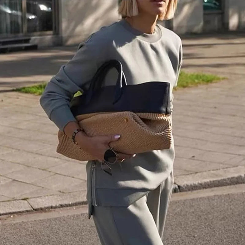 Contrast-Panel Woven Tote Bag