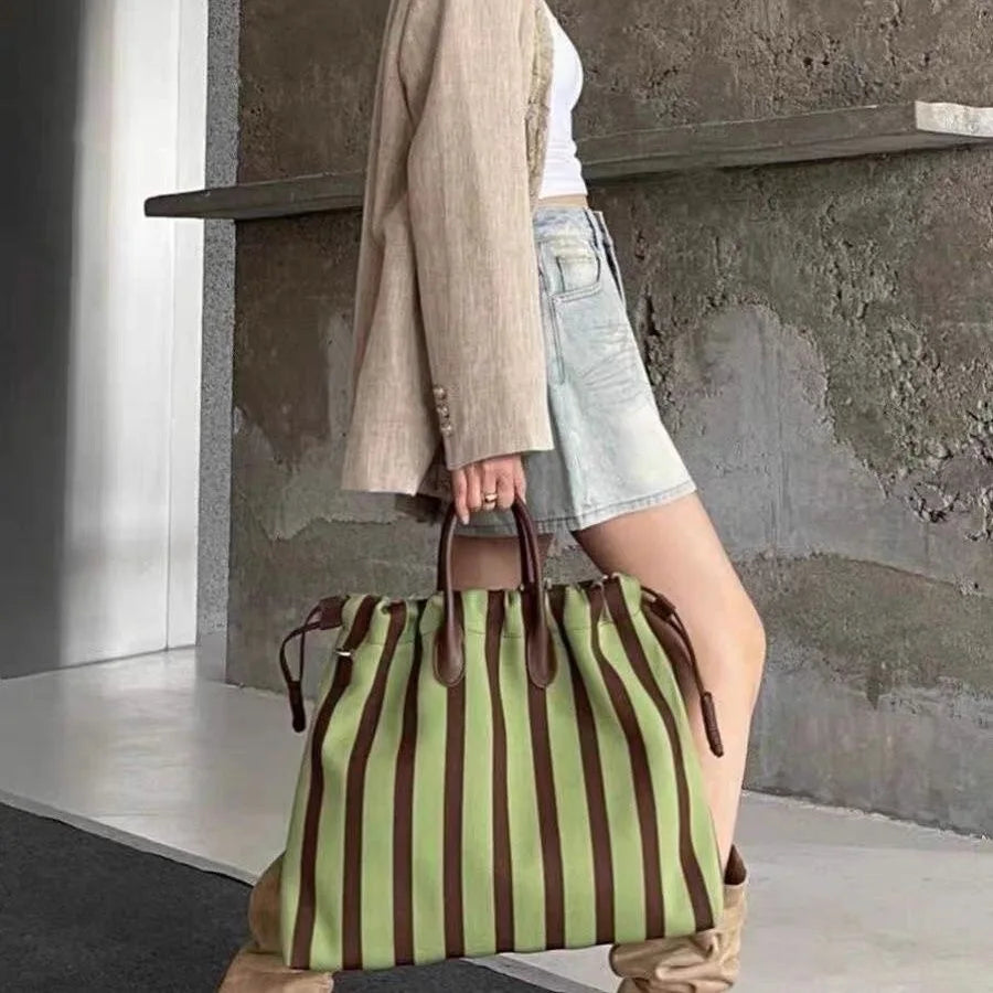 Striped Drawstring Tote Bag