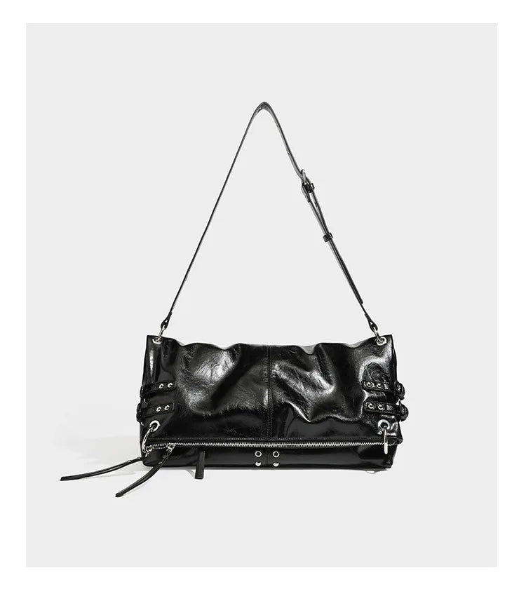 Studded Zip-Pocket Shoulder Bag