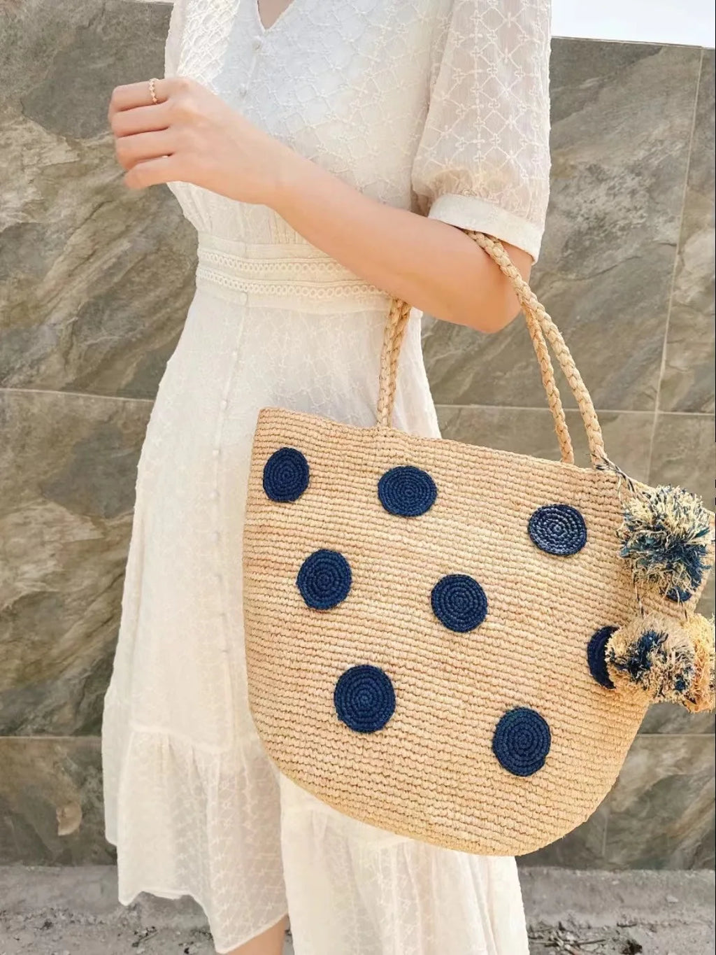 Polka-Dot Woven Tote Bag