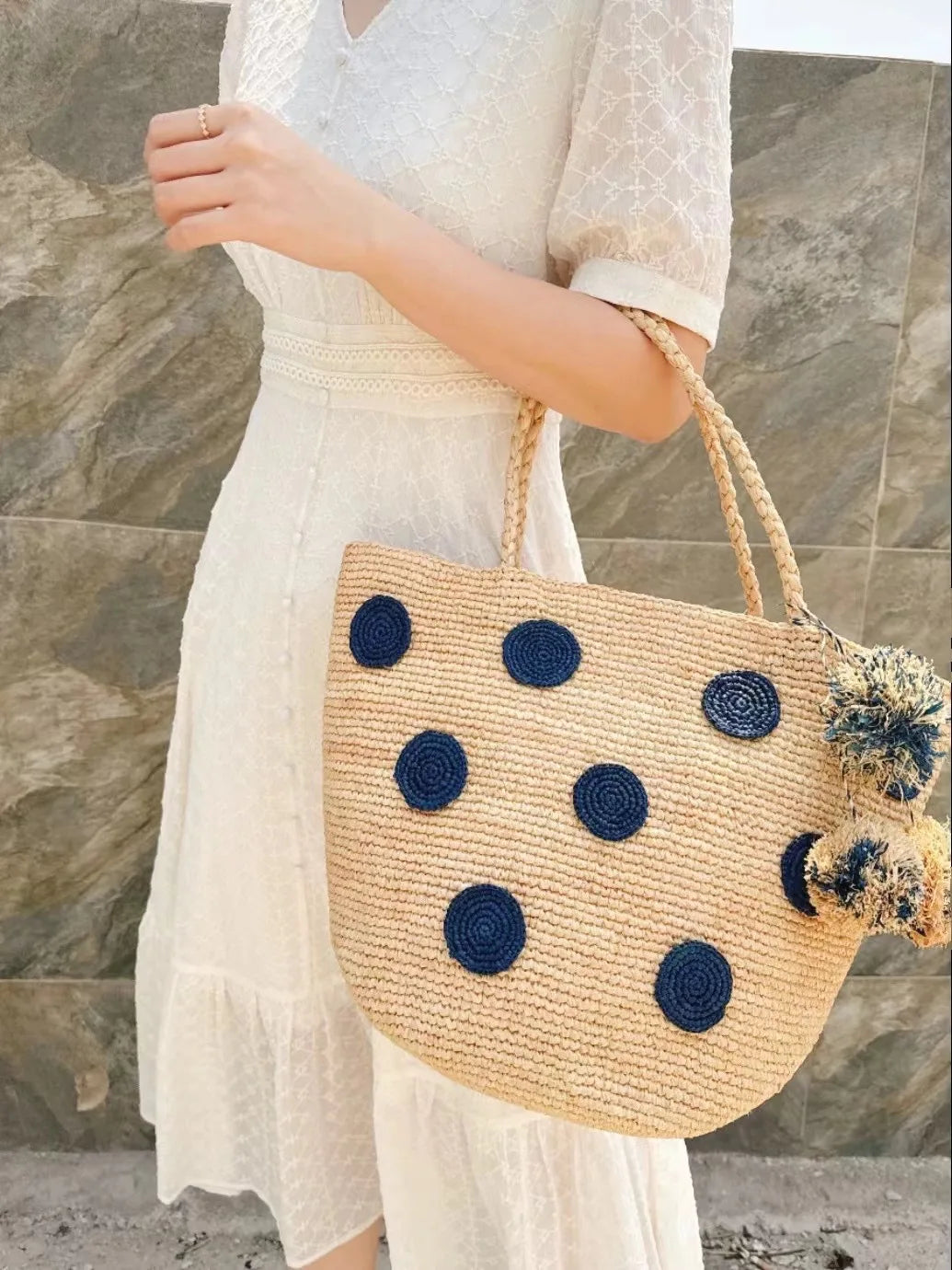 Polka-Dot Woven Tote Bag