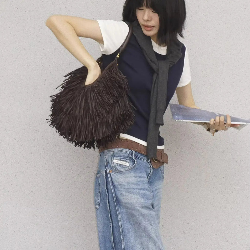 Fringed Crescent Shoulder Bag