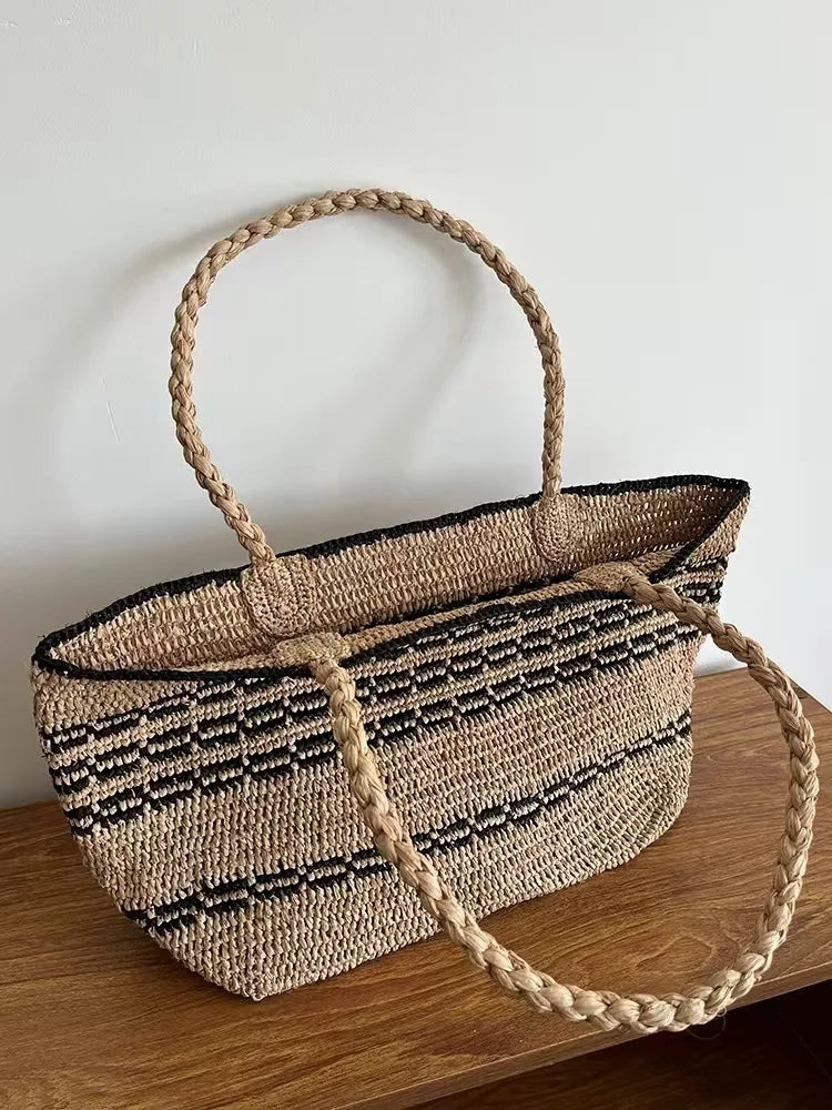 Striped Woven Shoulder Tote