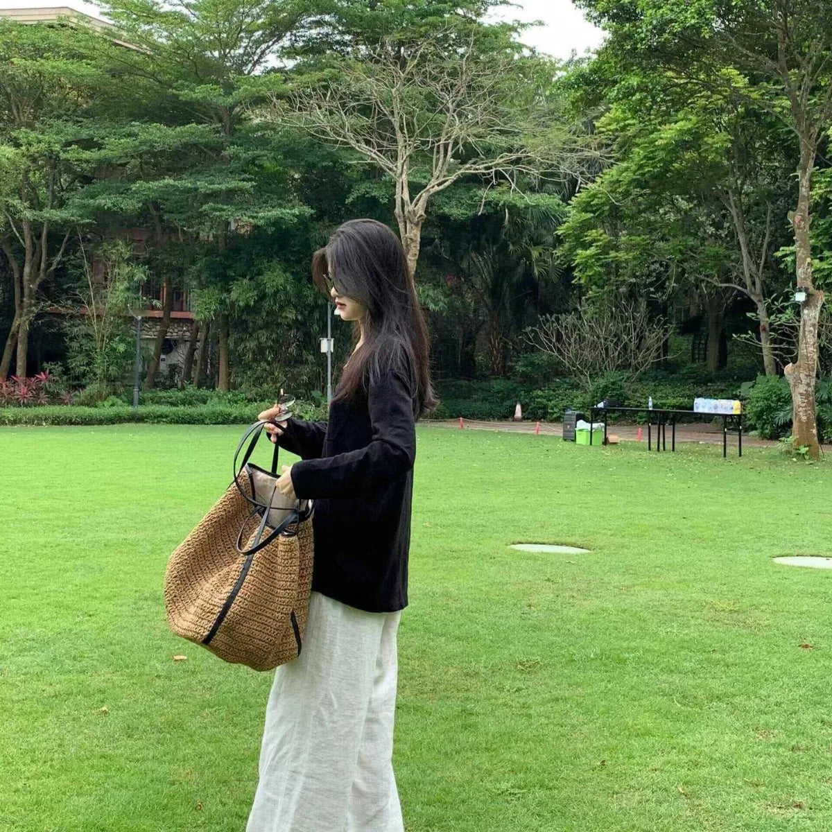 Contrast-Trim Woven Tote Bag