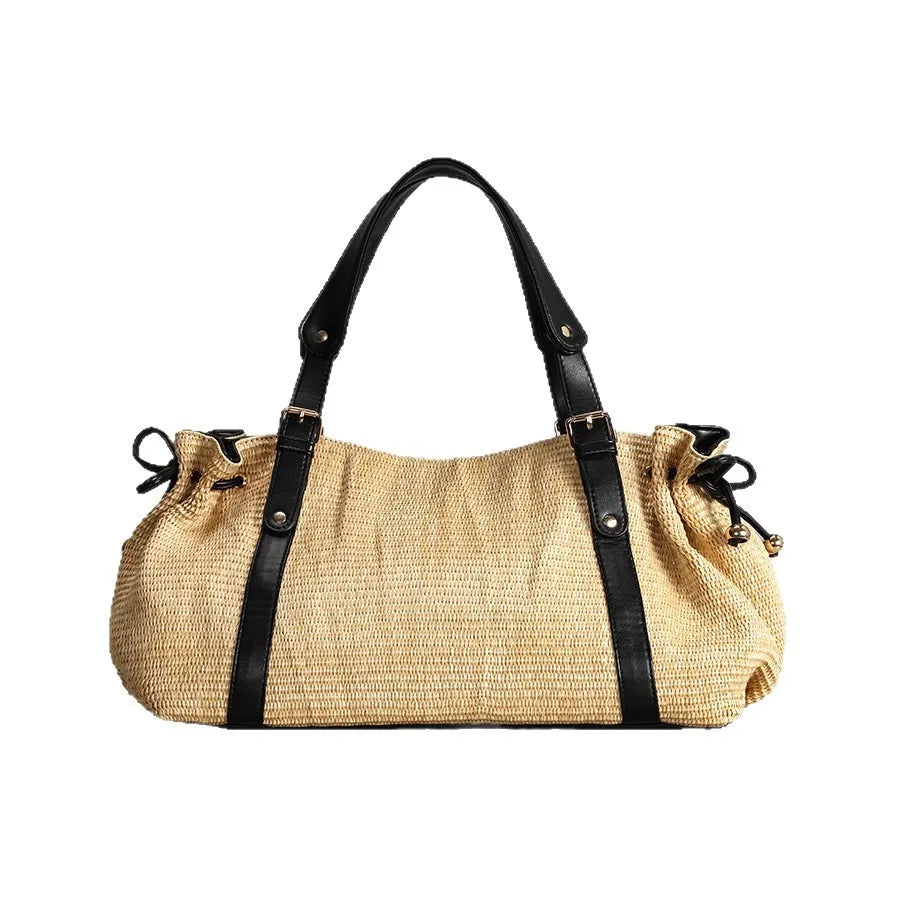 Contrast-Strap Woven Shoulder Bag