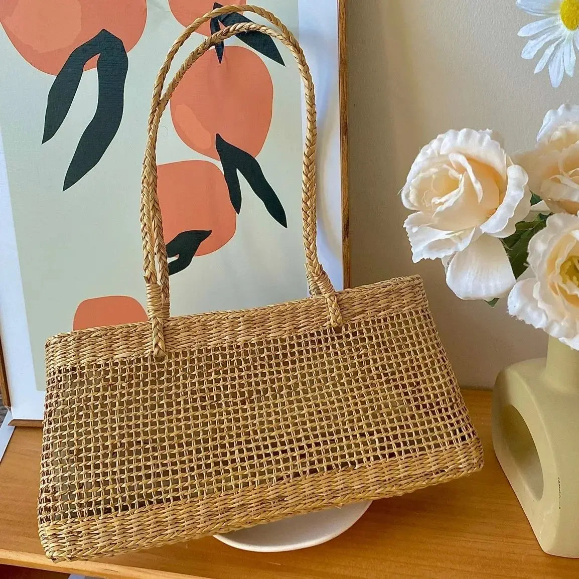 Open-Weave Rectangular Tote Bag
