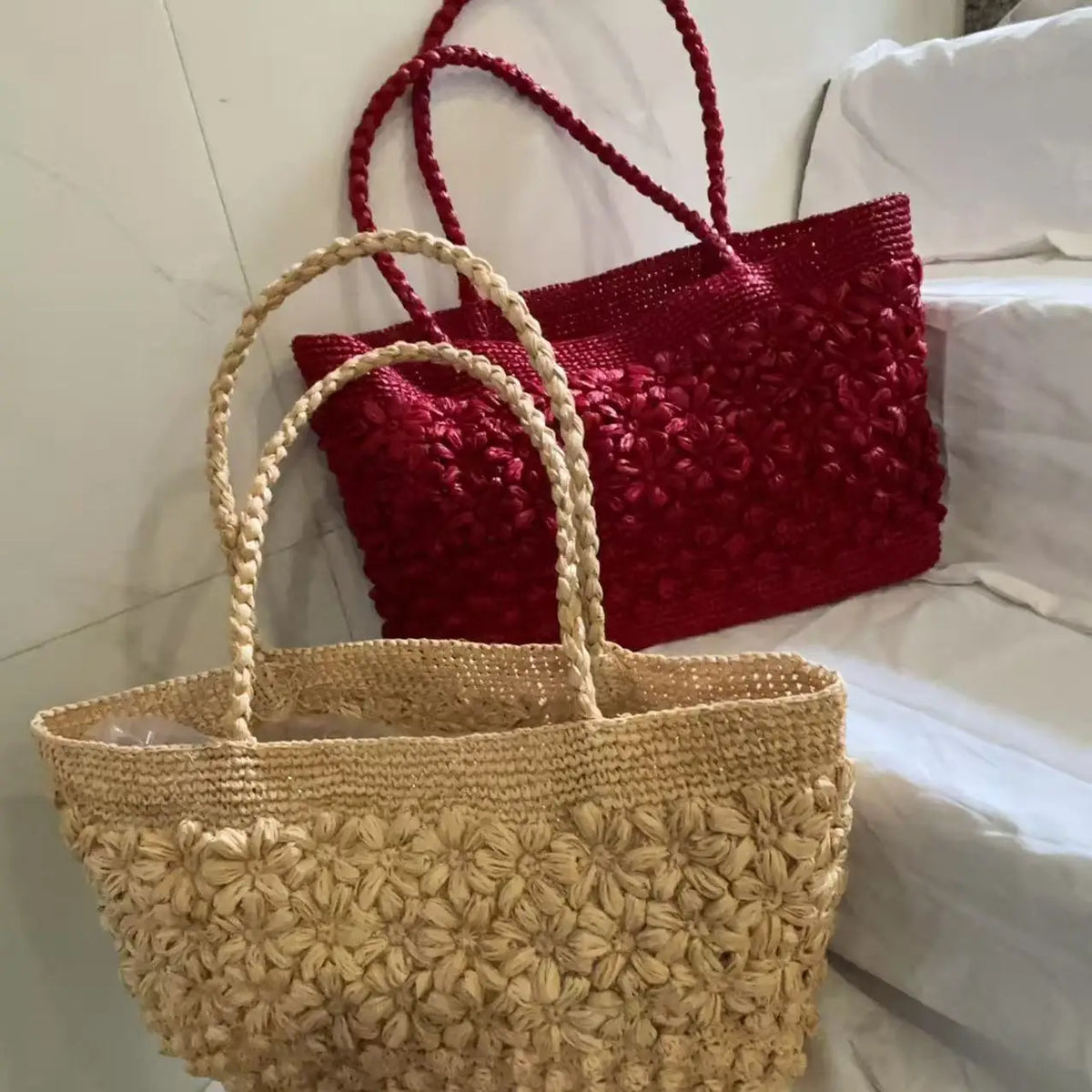 Floral-Textured Woven Tote Bag