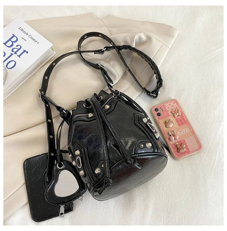 Studded Drawstring Bucket Bag
