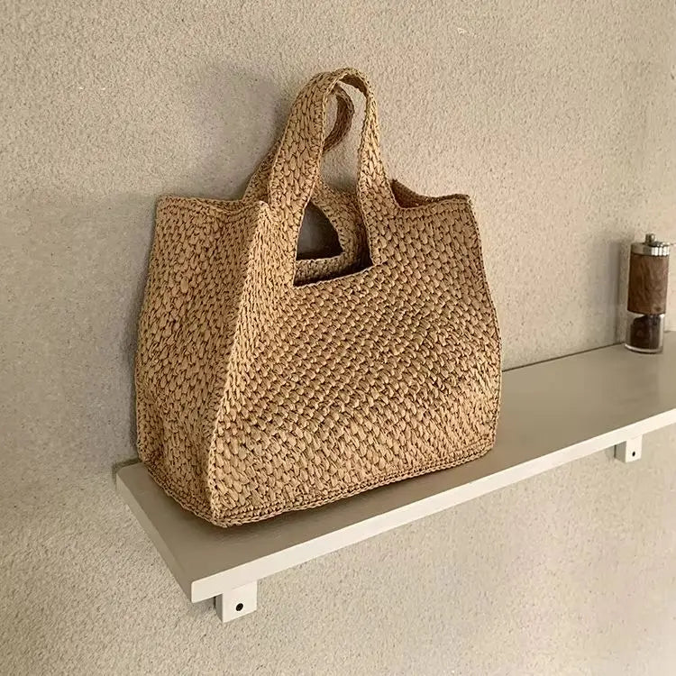 Cutout-Handle Woven Tote Bag