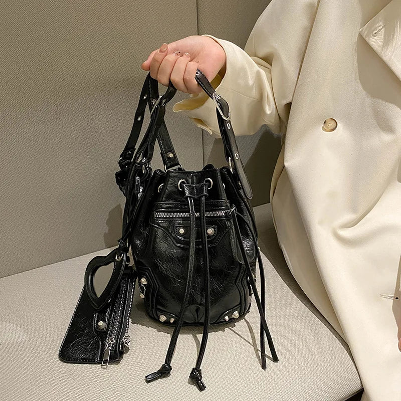Studded Drawstring Bucket Bag