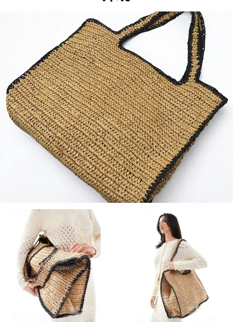 Contrast-Trim Woven Tote Bag