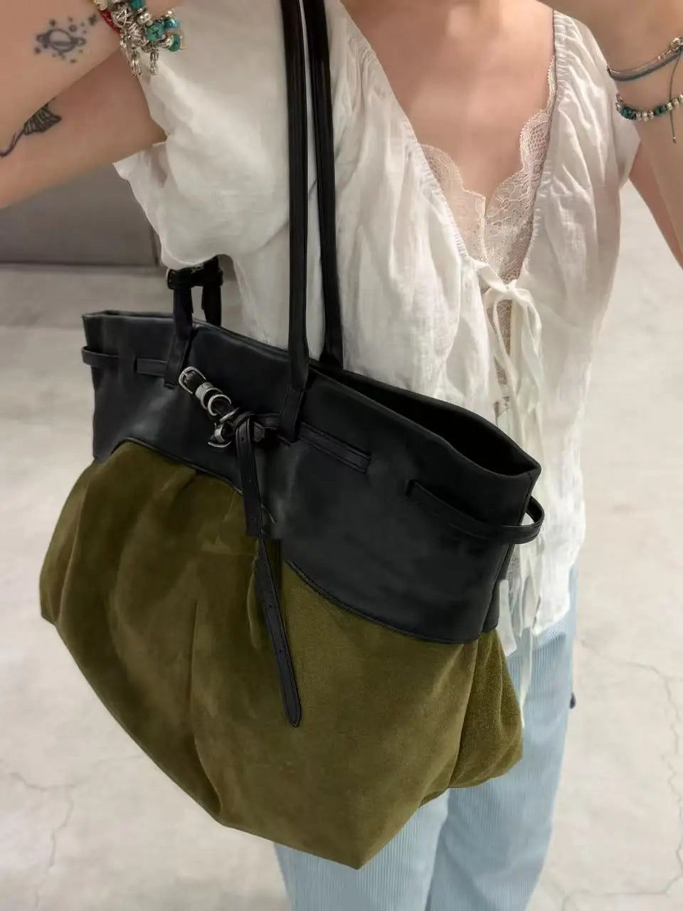 Contrast-Panel Buckled Tote Bag