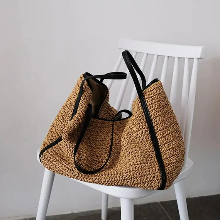 Contrast-Trim Woven Tote Bag