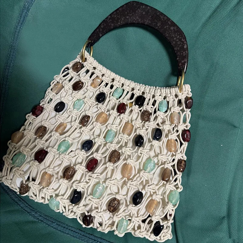 Beaded Openwork Top-Handle Bag