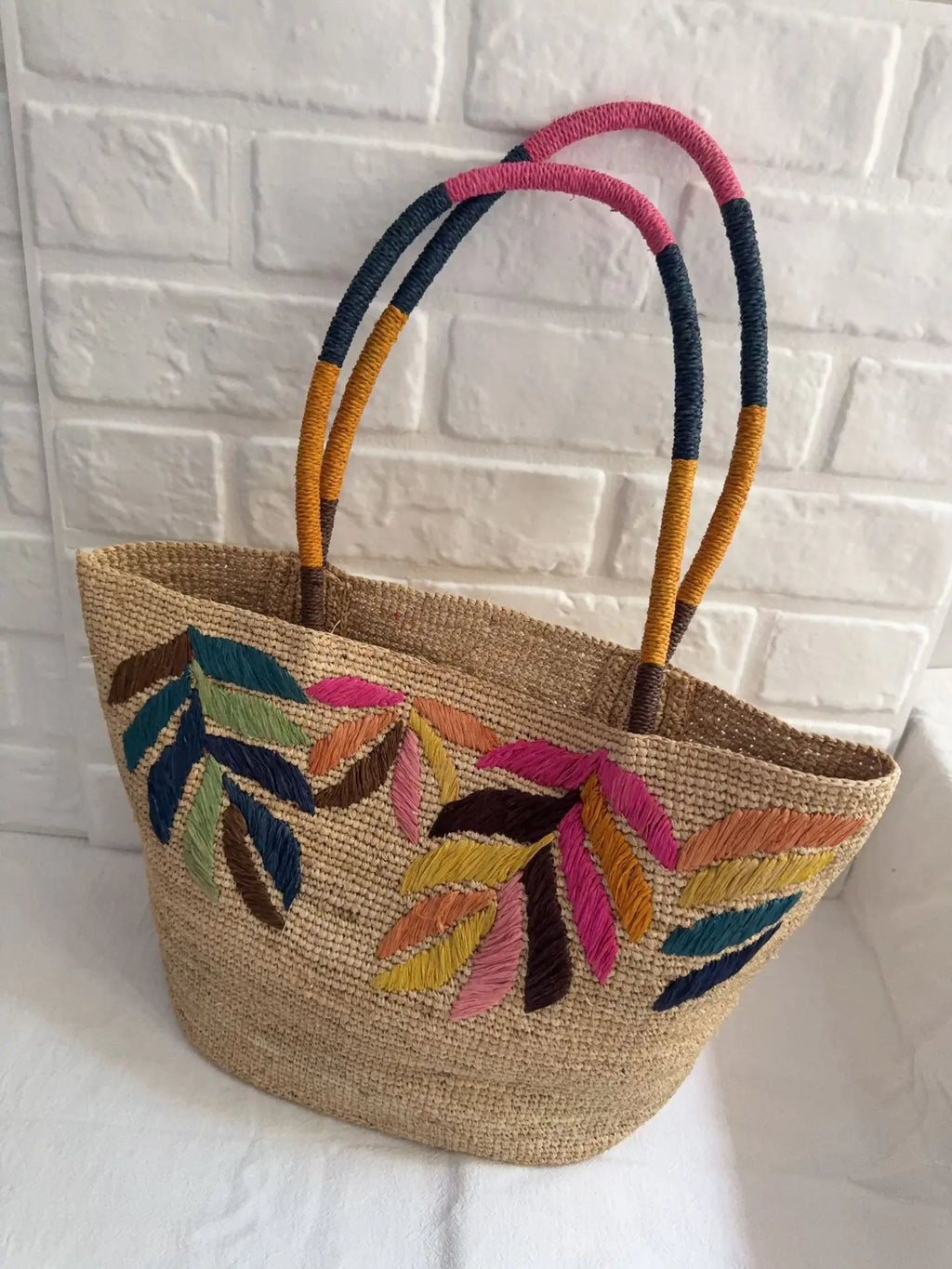 Leaf Embroidered Woven Tote