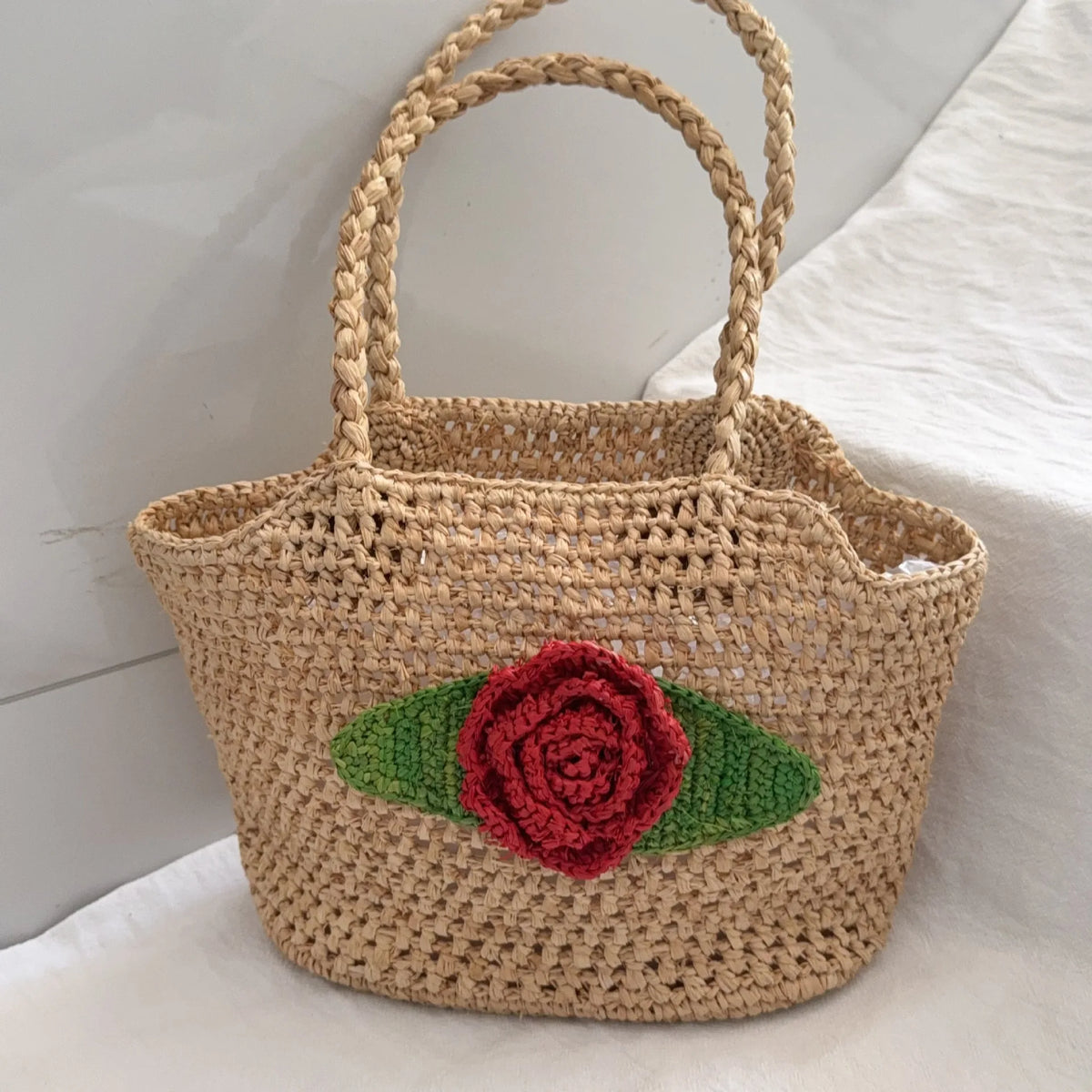 Rose-Applique Woven Tote Bag