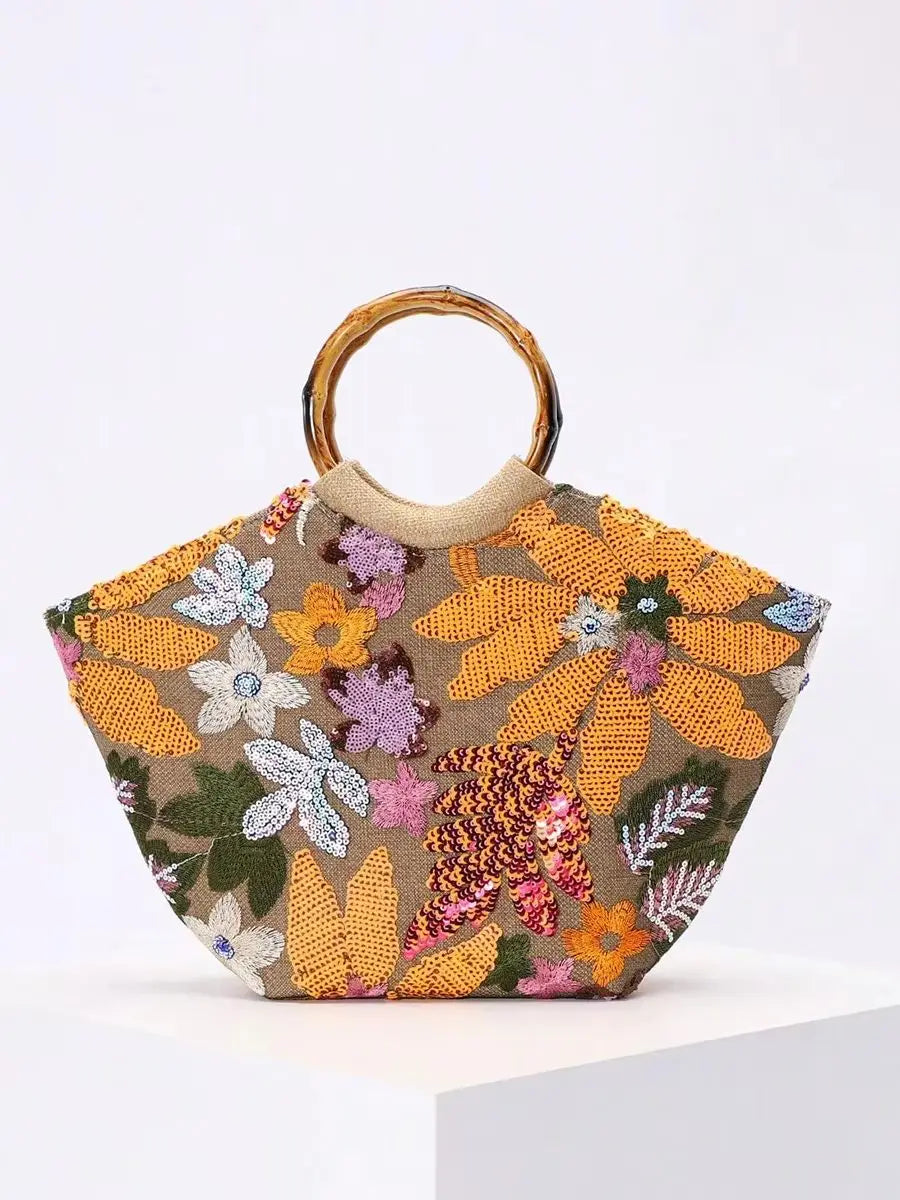 Floral Sequin Round-Handle Tote